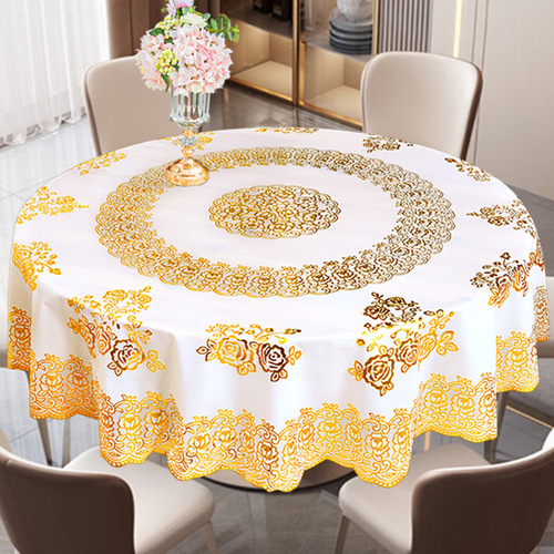 Thickened Large Round Tablecloth Waterproof Heatproof Oilproof PVC Tablecloth European Gold Foil Hotel Home Use Round Dining Tablecloth