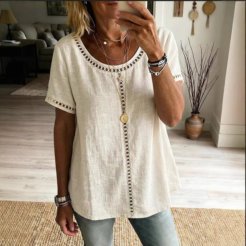 European and American Cross-Border Amazon Foreign Trade New Women's Spring and Summer Comfortable Casual Patchwork Hollow Lace Top T-Shirt European and American Cross-Border Amazon Foreign Trade New Women's Spring and Summer Comfortable Casual Patchwork Hollow Lace Top T-Shirt