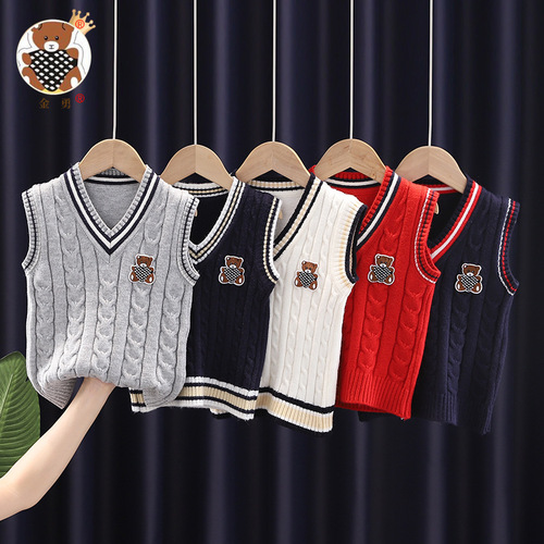 【Jinyong】One-piece children's knitting vest for spring and autumn, Korean style, fashionable new woolen cardigan for boys, padded jacket