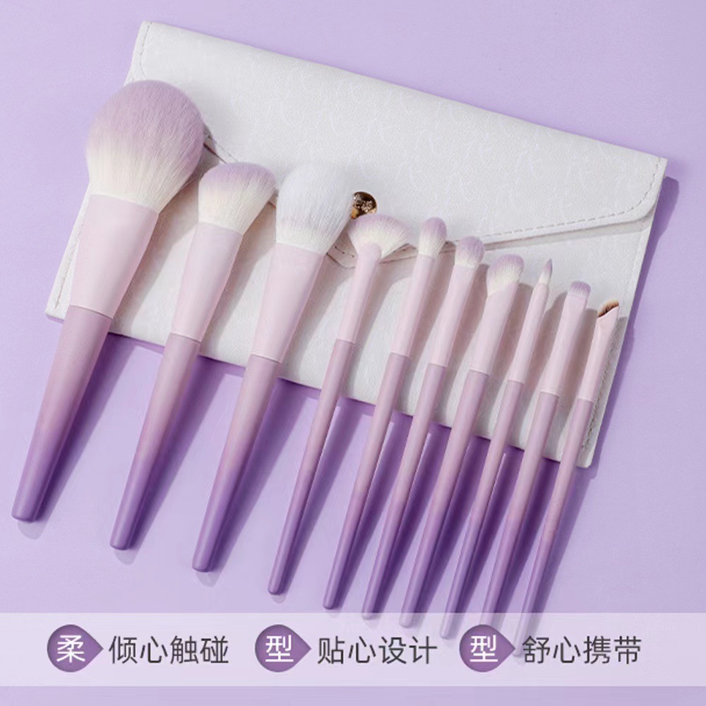 Nuevo juego de pinceles de maquillaje de 10 púrpuras de leche, cepillo de polvo suelto, cepillo de rubor, cepillo de sombra de ojos, trabajador de belleza portátil para principiantes