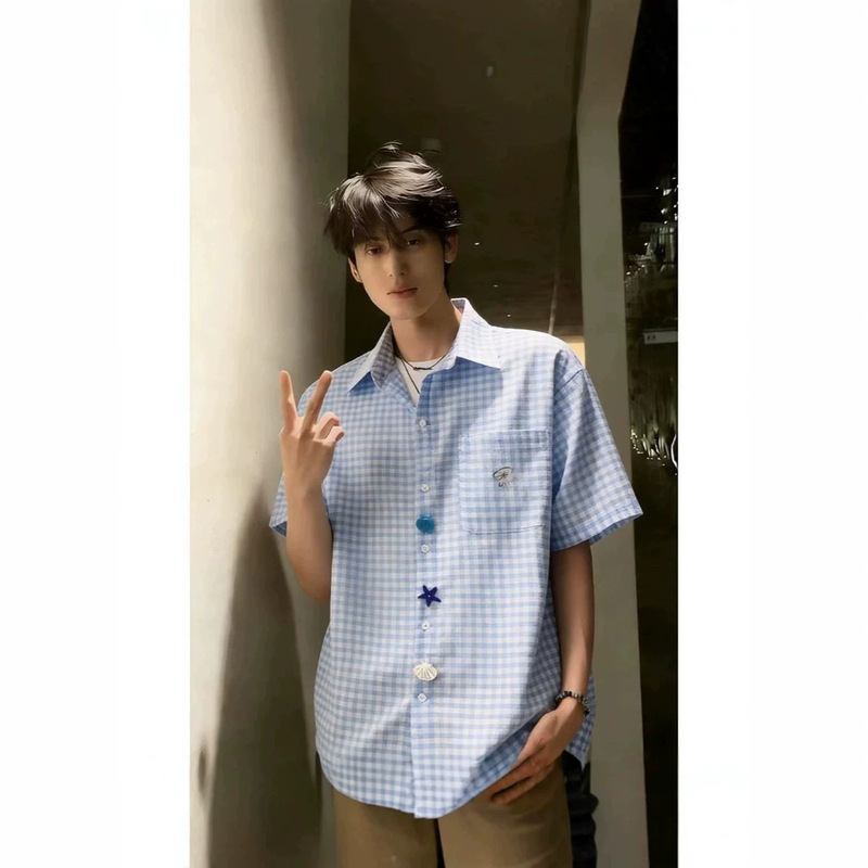 American Retro Plaid Shirt, Summer Trendy Brand Casual Fun Button-Down Loose Cleanfit Short-Sleeved Shirt American Retro Plaid Shirt, Summer Trendy Brand Casual Fun Button-Down Loose Cleanfit Short-Sleeved Shirt