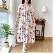 2025新款女士睡裙全人棉棉绸短袖裙子大方圆领花朵性感长裙可外穿