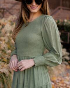 product - wholesale Autumn Winter Women Clothing Retro French round Neck Lantern Sleeve Smocking Dress - 4