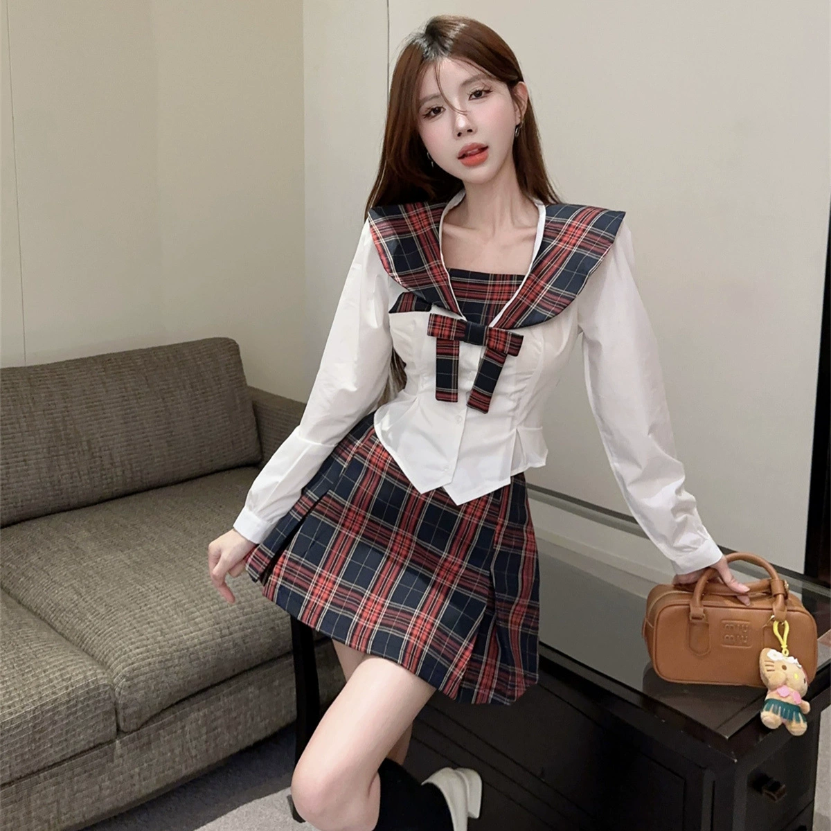Осенний школьный стиль jk униформа костюм с воротником военно-морского флота, тонкая рубашка с высокой талией, плиссированная юбка из двух частей