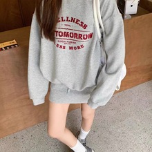 圆领欧货卫衣女2025新款秋冬加绒oversize潮牌灰色外套美式上衣冬