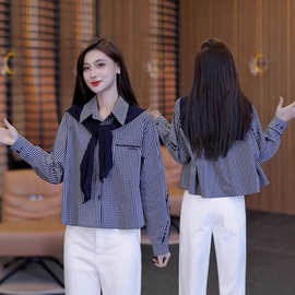 8513设计感拼接假两件格子衬衫女2025秋季新款气质百搭遮肚子上衣