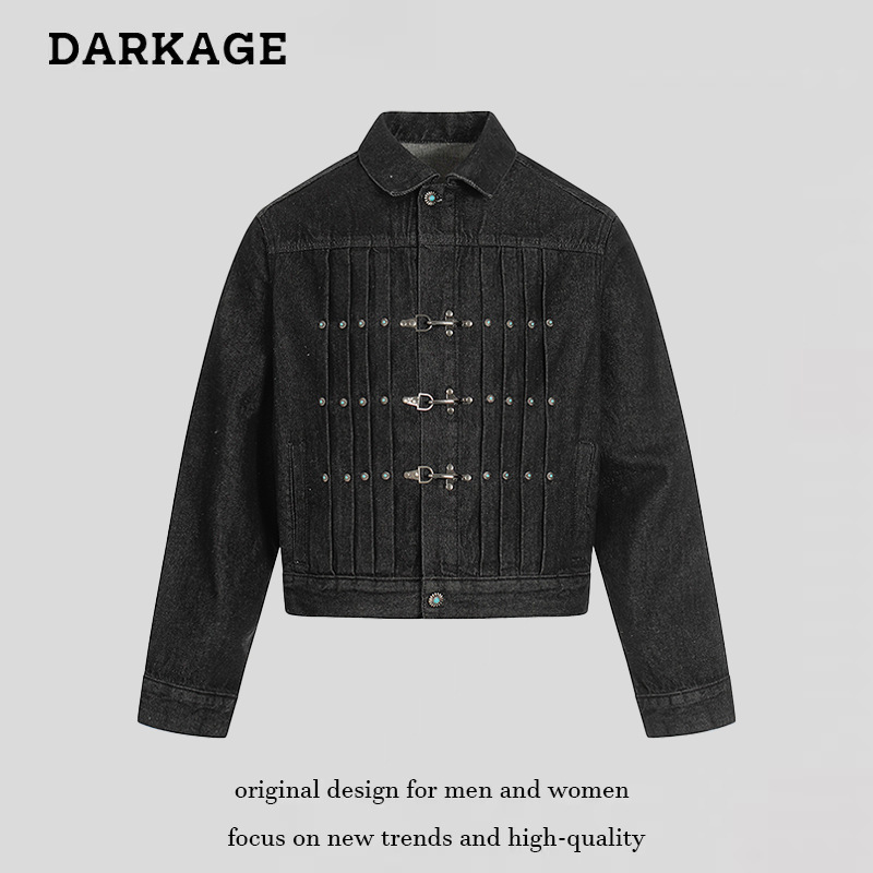 2025 New American Retro Short Primary Color Denim Jacket Boxy Casual Pleated Design Aircraft Button Jacket