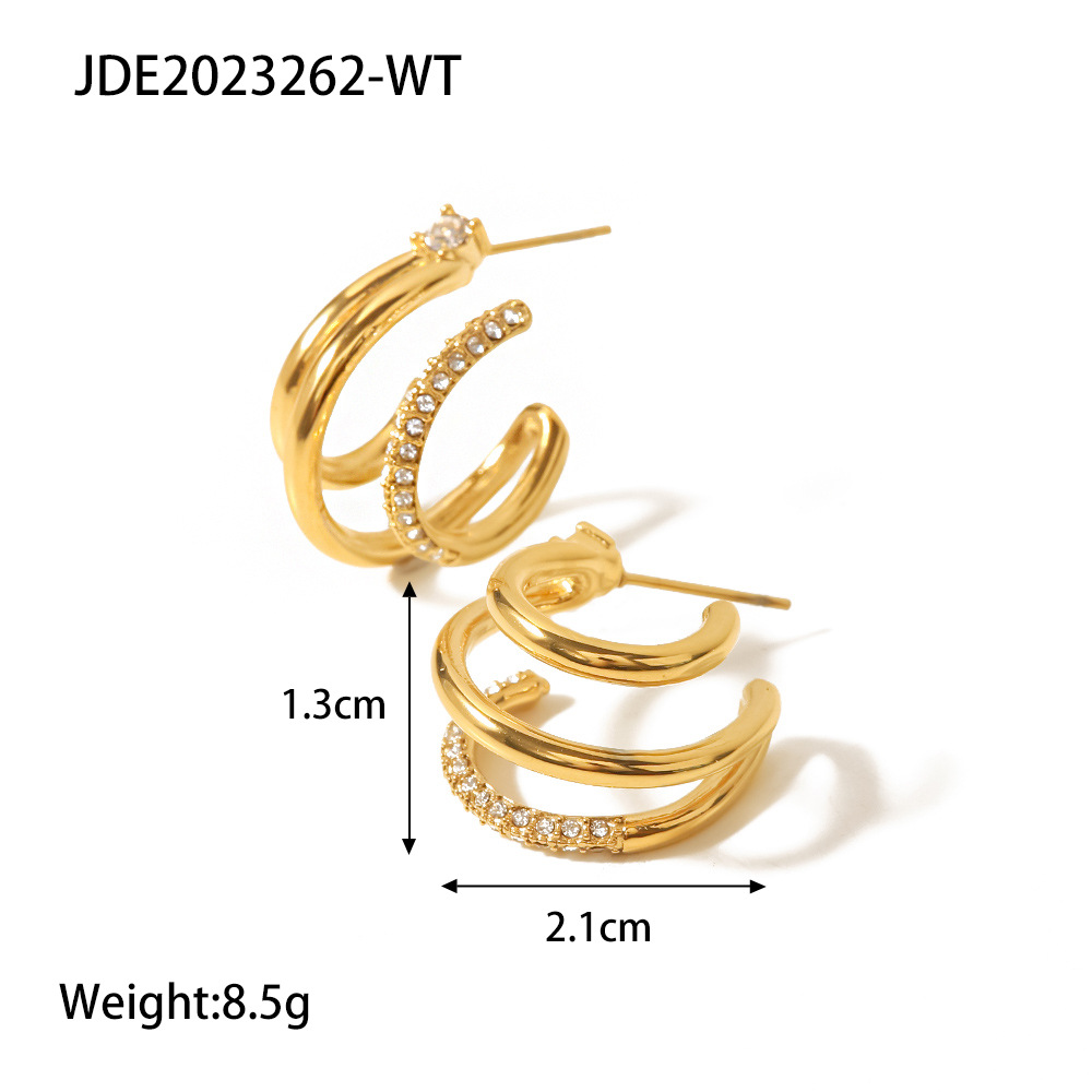 Fashion C Shape Stainless Steel Inlay Zircon Hoop Earrings 1 Pair