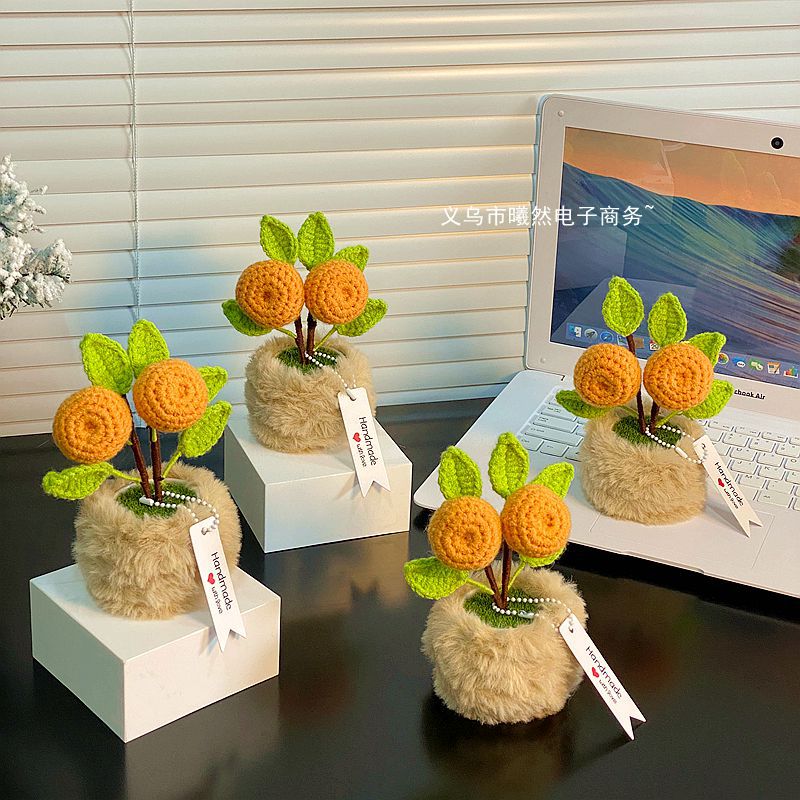 手工鈎織大吉大利橘子盆栽送朋友禮物仿真花擺件毛線手工編織花束