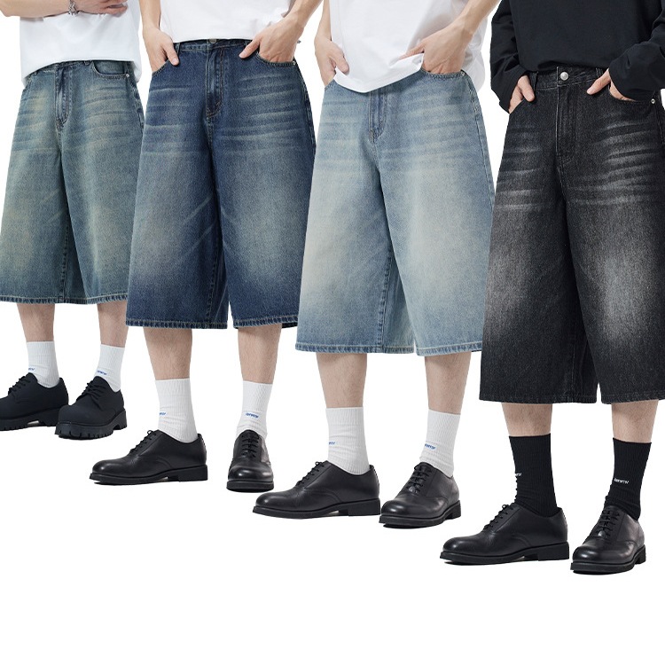 Cross-Border Men's Clothing # Summer Korean Style Washed Wide-Leg Cropped Jeans for Men and Women, Loose Slimming Silhouette Straight Leg