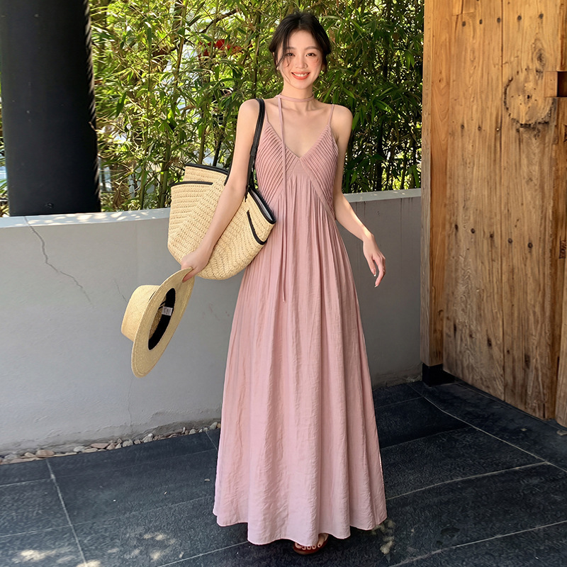 Xiu Xixi 2026 Summer Elegant High-Waisted Strap Dress with Ribbons, Solid Color Pure Desire Vacation Dress for Women K80656