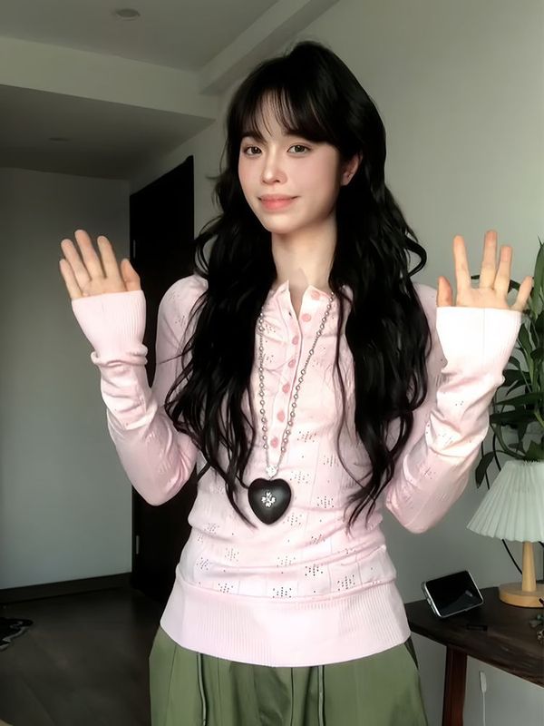 美式亨利领长袖t恤女春季新款辣妹镂空针织衫修身打底设计感上衣|undefined