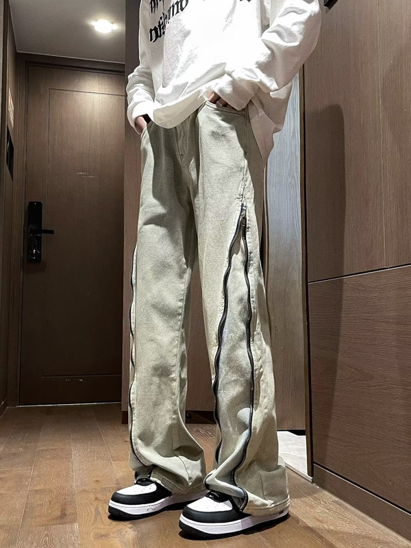Design Sense Side Zip Jeans Men's Summer New Loose Straight American Style Retro High Street Micro Trousers
