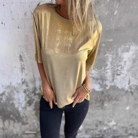 summer solid color short sleeve T-shirt with a round collar for…