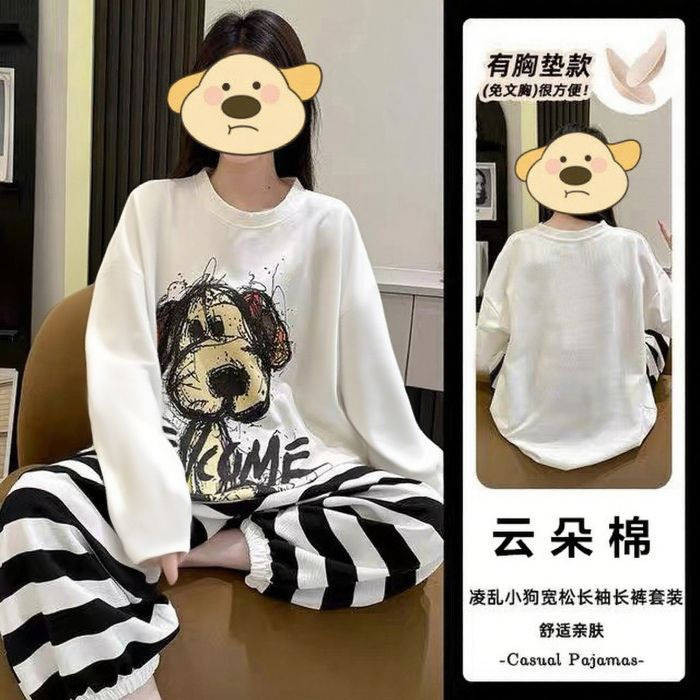 源头工厂带胸垫长袖睡衣女春秋云朵棉宽松卡通女士韩版家居服套装|undefined