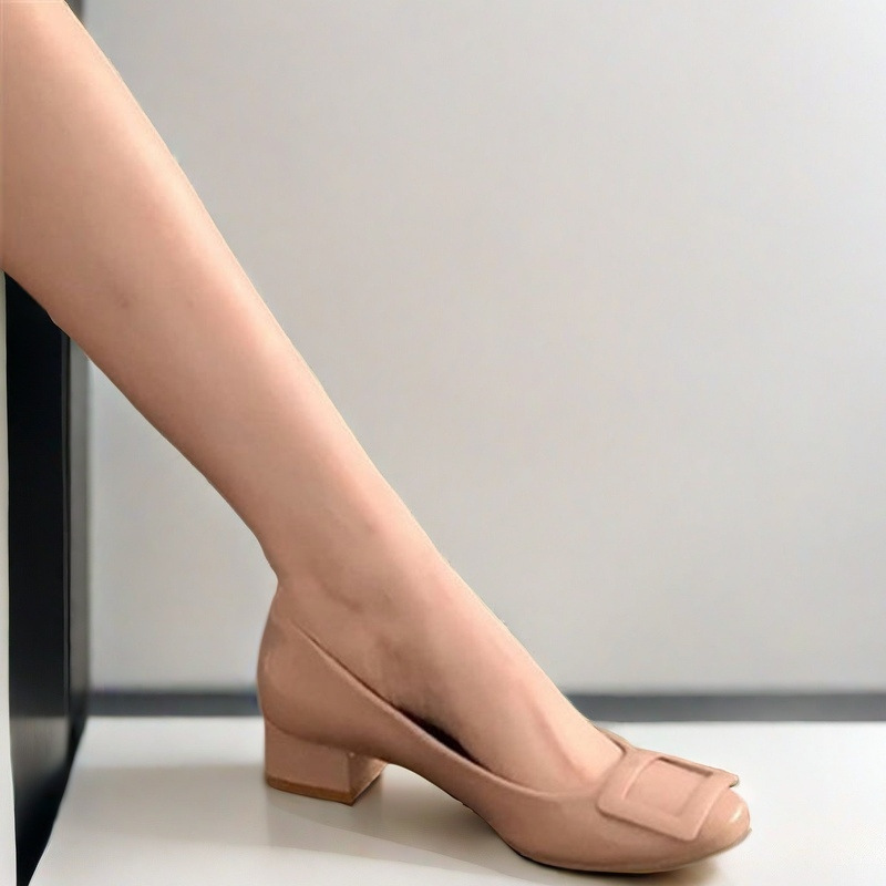 2026 New Style French High Heels, Comfortable Professional Shoes, Stylish Square Buckle Mid-Heel Nude Round-Toe Single Shoes for Women