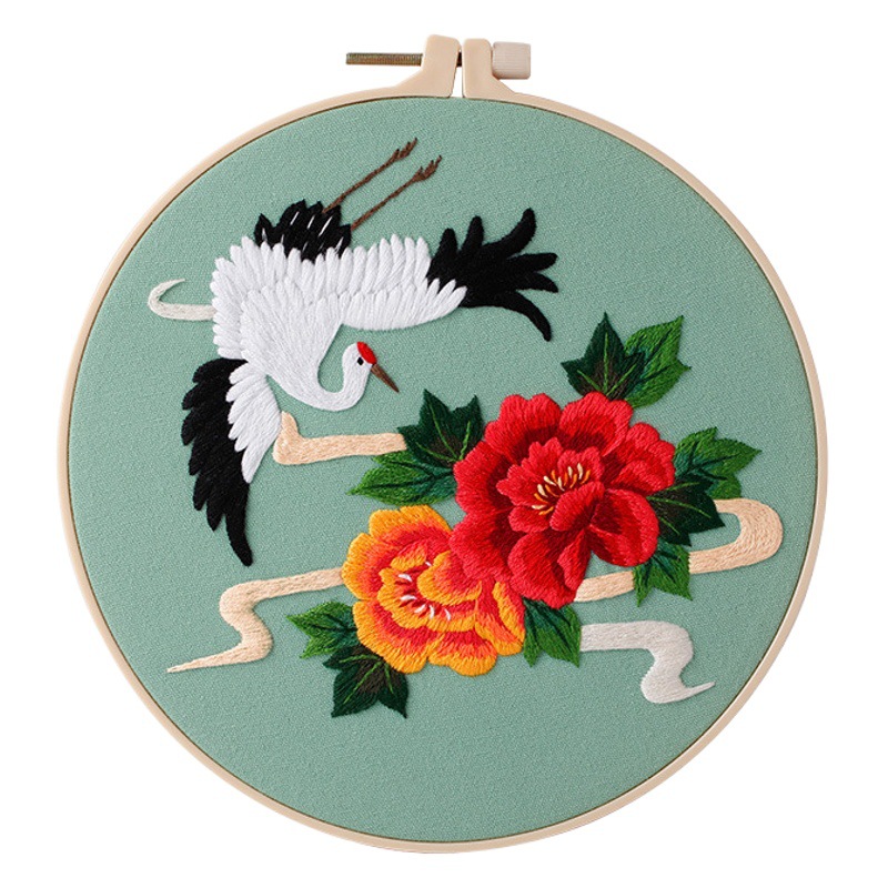 DIY hecho a mano bordado material paquete original nueva nube corazón grúa danza grúa auspicioso nube Pino Cypress Peony Lotus Inglés