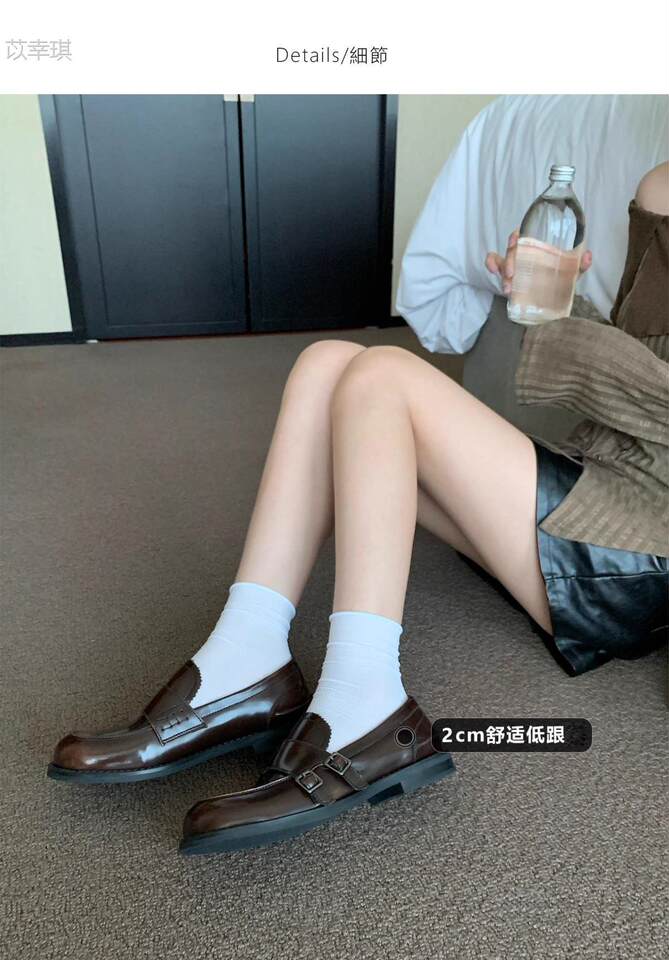 Giày lười nữ da bò thật kiểu Anh, mũi tròn, đế thấp, xỏ chân tiện lợi — Màu đen, còn hàng, đốm nâu chi tiết 6