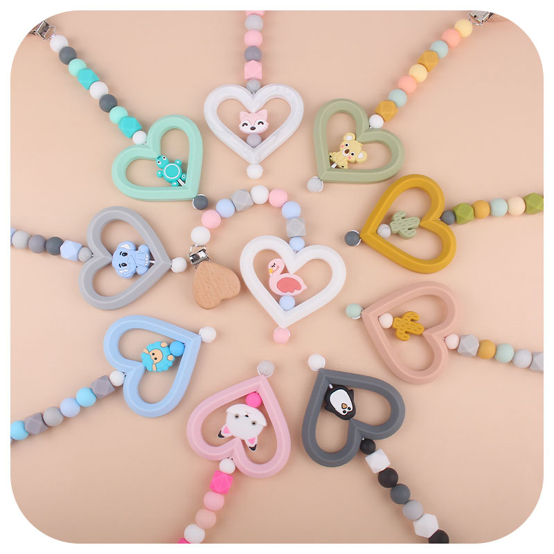 Bebé DIY creativo haya clip de chupete de dibujos animados nuevo amor silicona animal campana chupete cadena coche colgando joyería