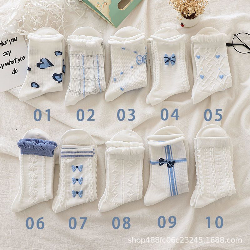 White Bowknot Socks for Women, Mid-Calf, Trendy Ins Style, Versatile, Summer Thin Breathable Japanese Sweet Lace Long Socks