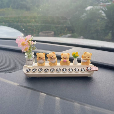 Interior Accessories for the Car, Nömrəli dayanma kartı - 4-little-yellow-bears-little-pink-daisies-sunflowers-off-white-aromatherapy-license-plate