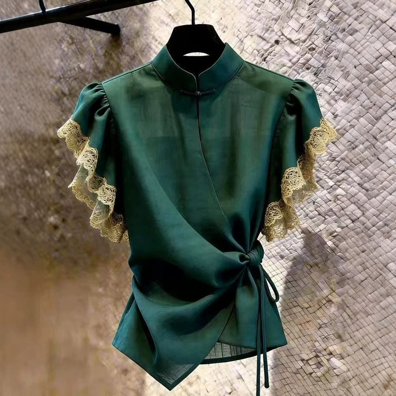 Commuter Style Lace Ruffle Short-Sleeve Top for Women, Green Tie-Waist Versatile Chic Niche Design, New Summer 2026 Model