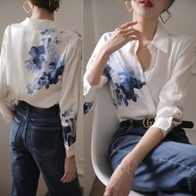 新中式复古长袖衬衣女2024春夏国风设计感水墨印花雪纺衣外贸跨境