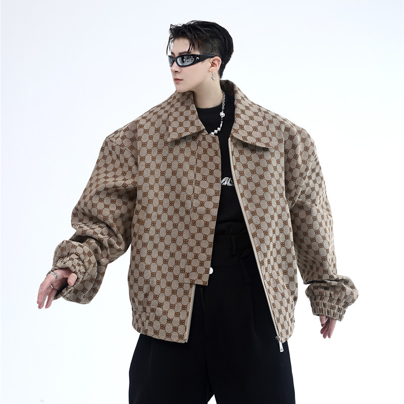 春秋款韩版个性设计感花纹廓形男小夹克上衣复古洋气休闲外套上衣