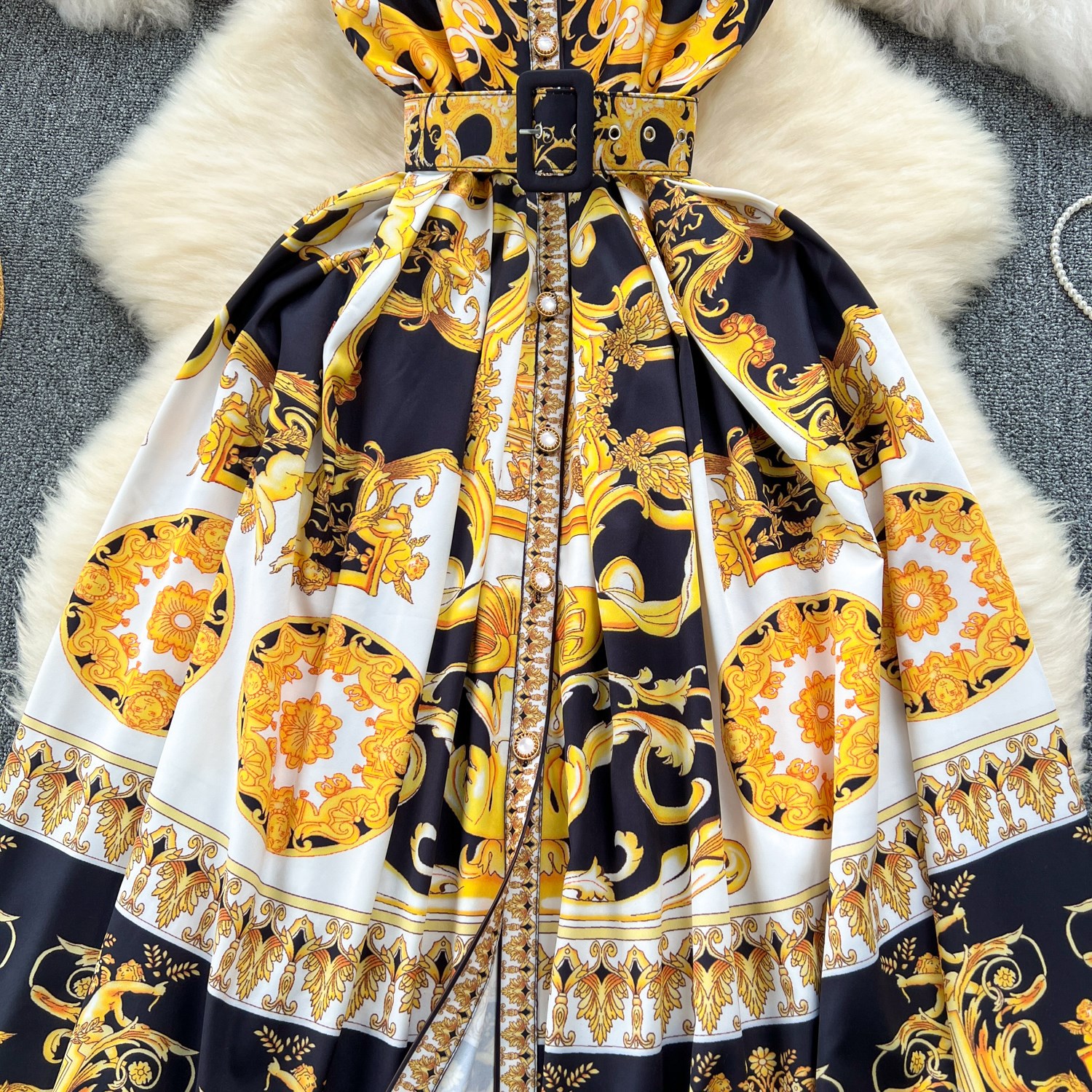 Vintage Baroque Print Sleeveless Dress – High Waist A-Line Dress With 3D Floral Embroidery (5 Sizes, Breathable Stretch Fabric)_ecoleips.com