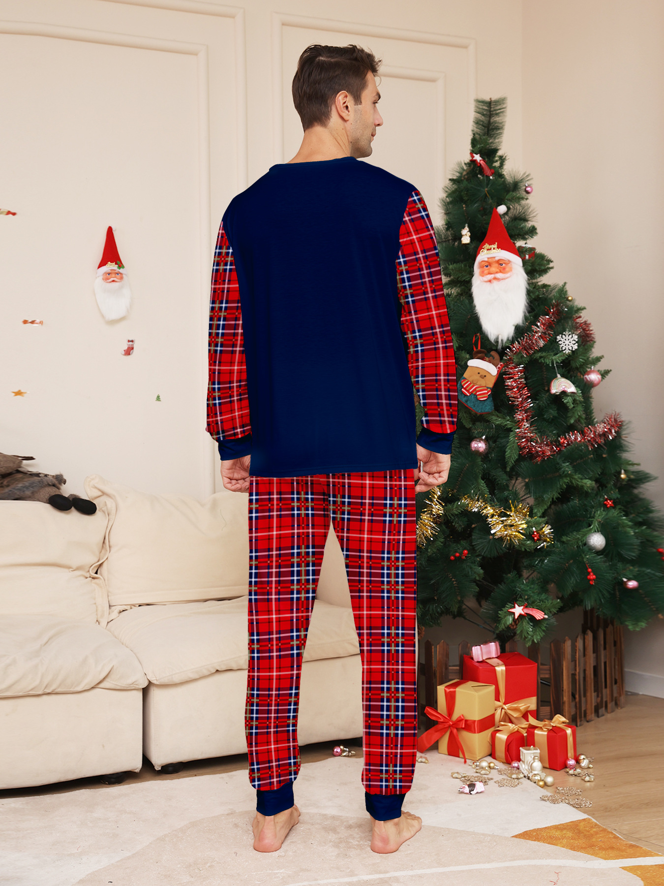 Cappello da Babbo Natale con alfabeto a quadri, completo da famiglia natalizio, vestiti per la casa stampati, pigiama_voghion.com