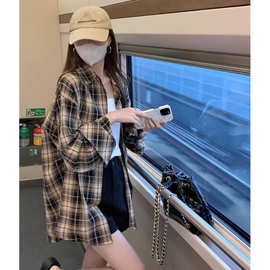 韩系复古格子衬衣女春秋新款甜美宽松慵懒风防晒长袖开衫衬衫外套