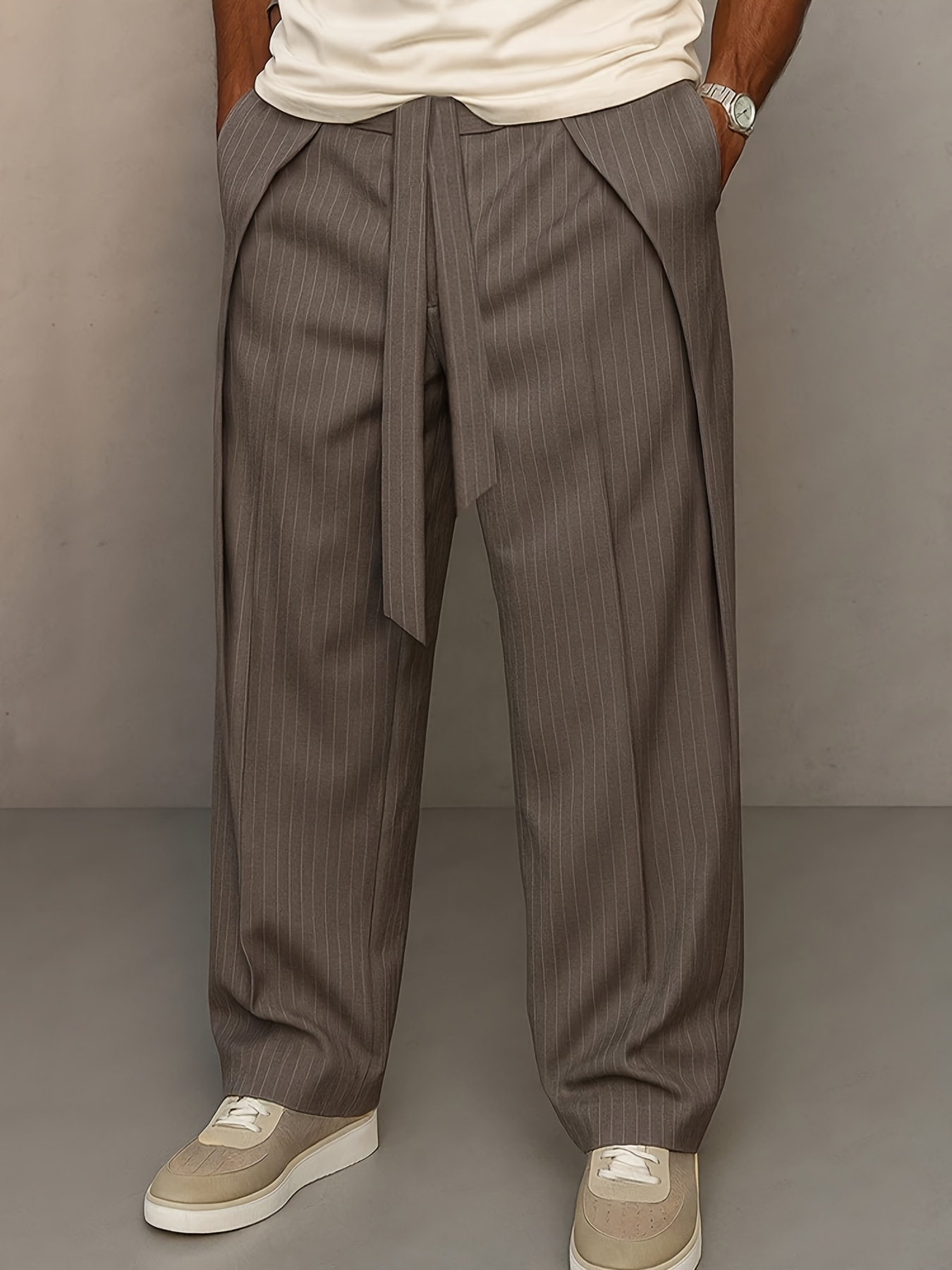 Amazon 2025 Summer Striped Long Pants Men Loose Plus Size Trendy Youth Slim Straight Pants Solid Color New Chinese Style