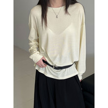 鹿西 极简垂感天丝长袖T恤女秋季新款圆领基础百搭打底衫上衣2016