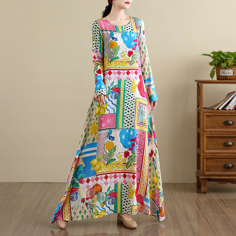 Autumn New Foreign Trade Dress, Round Neck Floral Loose Lazy Dress, Minimalist Long-Sleeve Maxi Dress, Vacation Style Autumn New Foreign Trade Dress, Round Neck Floral Loose Lazy Dress, Minimalist Long-Sleeve Maxi Dress, Vacation Style