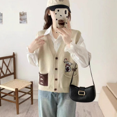 针织马甲开衫女外搭2025春季新款V领宽松学院慵懒风无袖坎肩外套