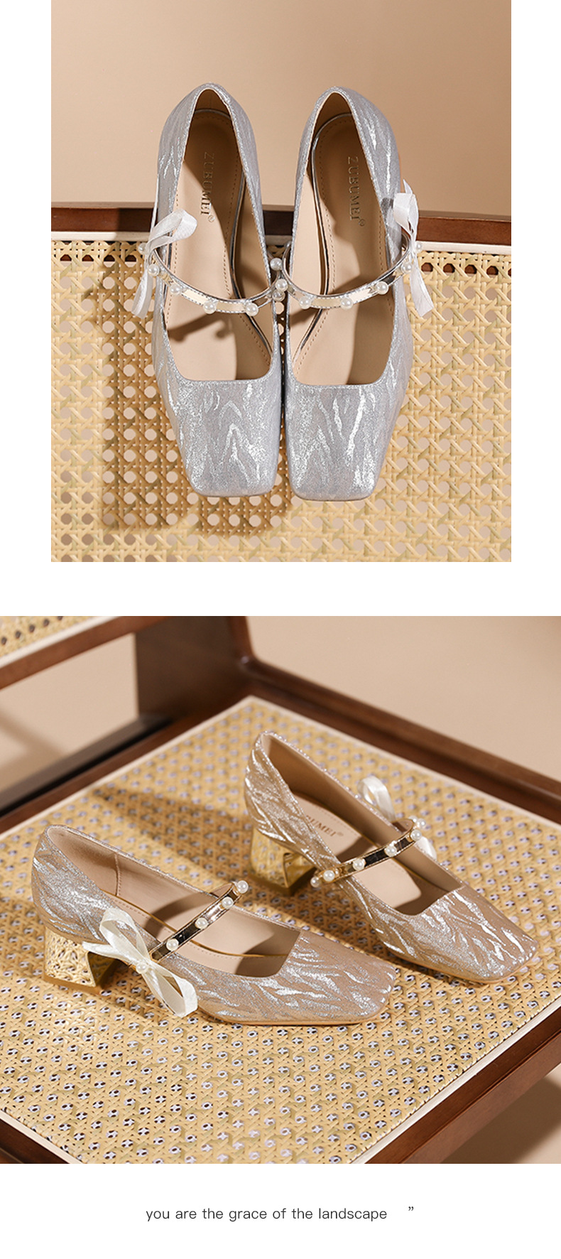 Giày cao gót nữ mũi vuông quai ngang gót 6 cm phong cách Pháp — Champagne màu chi tiết 9