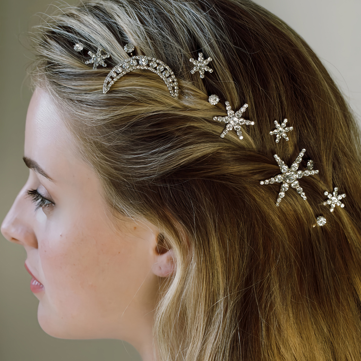 1 Set Quantity Sweet Shiny Women's Star Moon Rhinestone Hair Pins