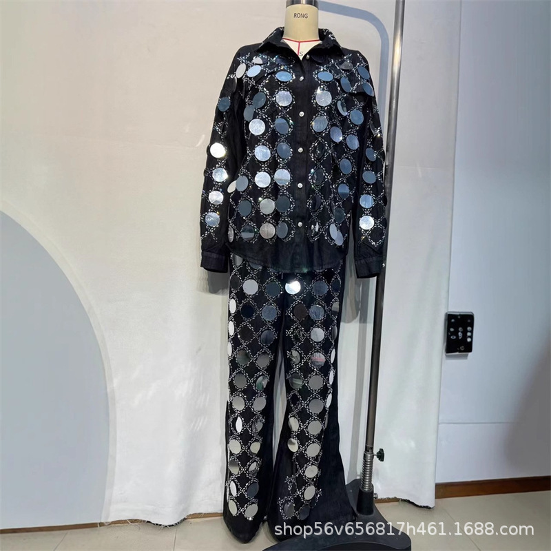 Europe and the United States 2025 spring new hot drilling sequins Denim shirt top high waist straight hot drilling Denim trousers suit