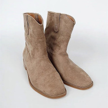 牛皮版~真皮磨砂圆头宽筒显瘦短筒西部牛仔靴女粗跟圆头马丁靴子