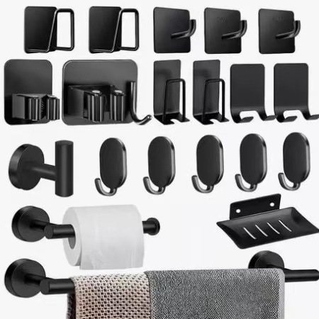 Cross-border 304 barra de toalla de acero inoxidable conjunto negro sin perforación de baño accesorios de baño gancho de toallas de baño
