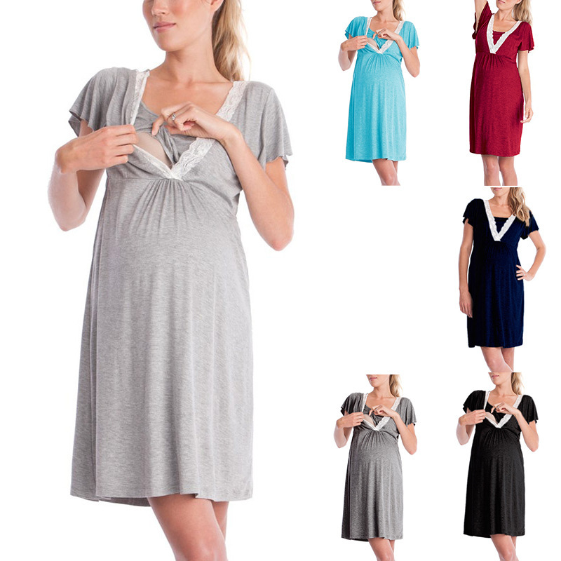 2018 European and American Explosions Fashion Lace Stitching Short-sleeved Multifunctional Mother Nursing dress Pregnant Women Pajamas