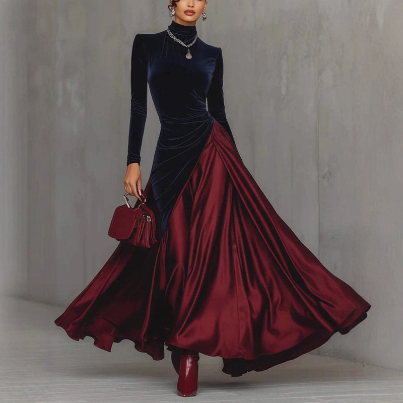 2026 Cross-Border Spring Elegant Flared Skirt Velvet Patchwork Contrast Color High Neck Gown Dress