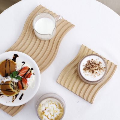 创意水波纹咖啡托盘 北欧榉木砧板 木制面包盘 ins风美食拍照道具|ru