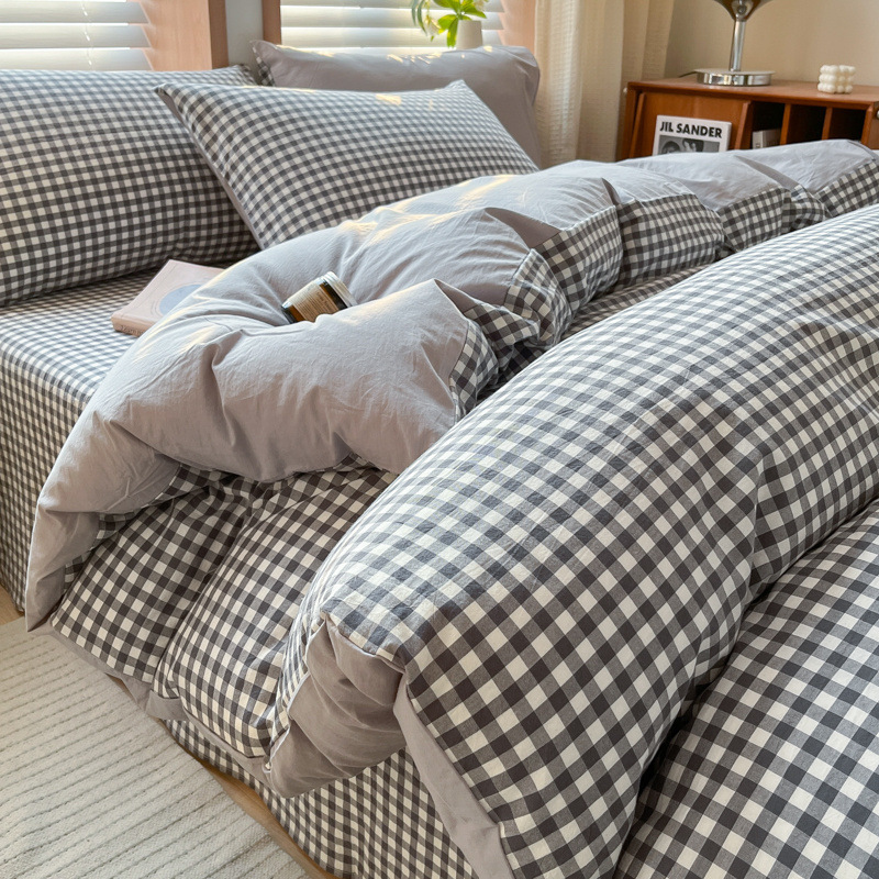 Juego de cuatro piezas de algodón lavado teñido en hilo para estudiantes 2025 nuevo juego de sábanas de edredón de dormitorio de estudiantes de tres piezas