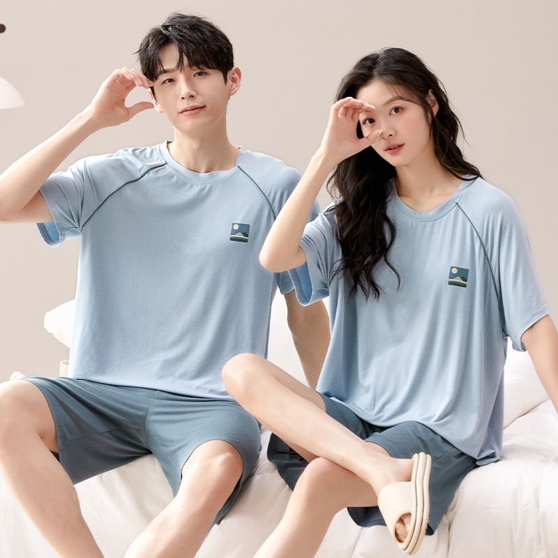 Con almohadilla para el pecho 2024 pijamas de verano pareja modal manga corta conjunto de dos piezas primavera y verano color sólido hombres homewear suave