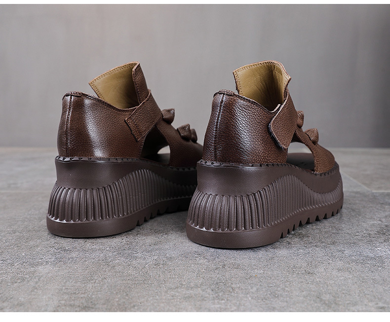 Sandal cao gót nữ hở mũi đế dày da bò thật phong cách La Mã — nâu chi tiết 15