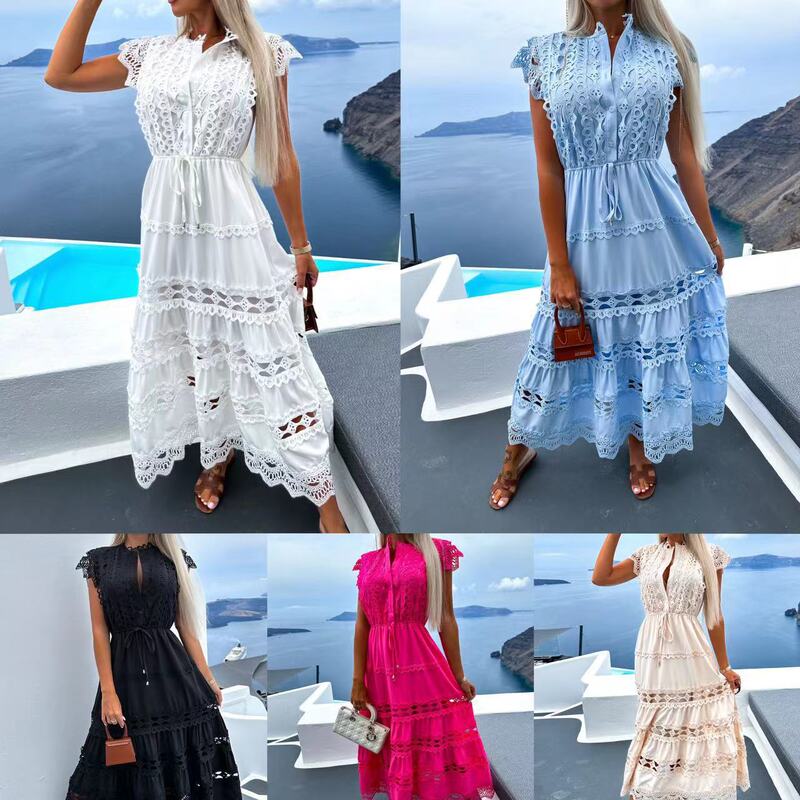 2024 European and American Cross-Border Aliexpress Women's New Fashion Lace-Up Waist-Cinching Lace Patchwork Long Dress 2024 European and American Cross-Border Aliexpress Women's New Fashion Lace-Up Waist-Cinching Lace Patchwork Long Dress