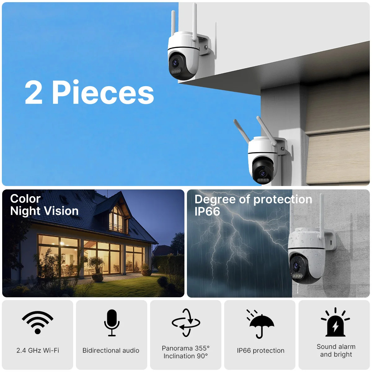 Icsee Sınır Ötesi 2 Adet HD Kamera Wifi Ev Akıllı Kablosuz 360 Derece Renkli Gece Görüşlü Güvenlik İzleme