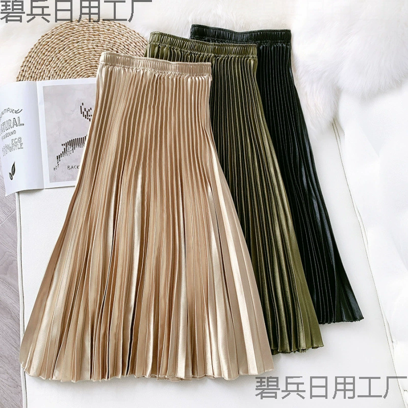 Юбка-плиссе из металлизированного атласа с высокой талией, А-силуэта, средней длины, для женщин, весна-лето, ретро стиль, AliExpress, кросс-бордер