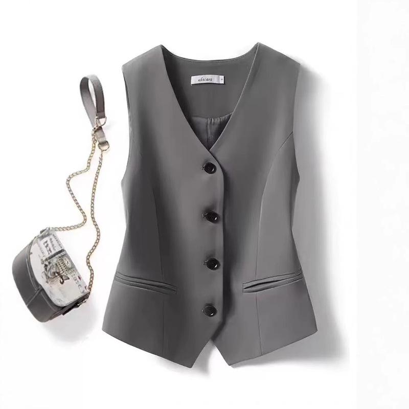Black V-neck Small Suit Vest Women's Outer Wearing Short Stacked Spring and Autumn Summer Vest Vest Sleeveless Waistcoat